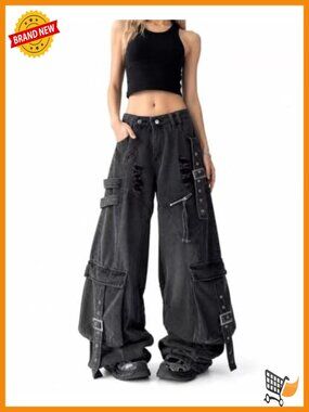 Women's Baggy Wide Leg Cargo Jeans Buckle Strap Y2K Streetwear